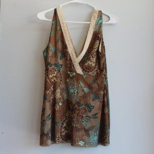 Matty M Brown/Tan/Teal Print V-Neck Cream Trim Sleeveless Top